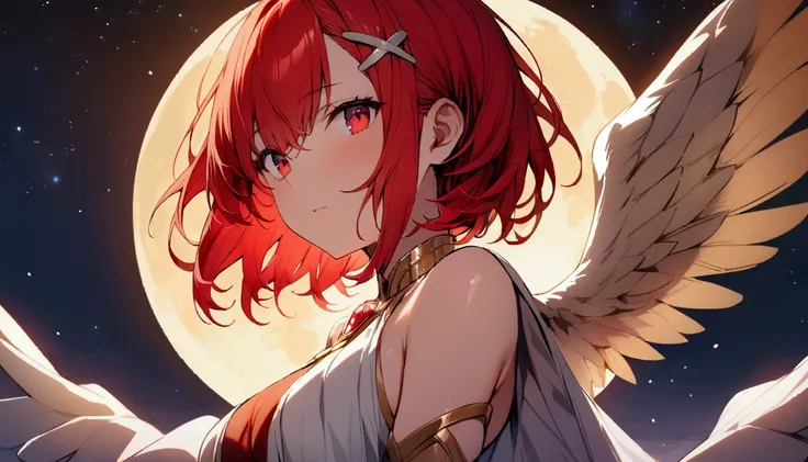 short hair, (Red hair:1.2), x Hair ornament, Red eyes,girl,One person, Highest quality, masterpiece, High resolution,Angel、Starry Sky、Night Sky、moon、goddess、