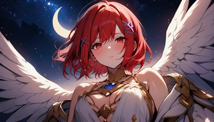 short hair, (Red hair:1.2), x Hair ornament, Red eyes,girl,One person, Highest quality, masterpiece, High resolution,Angel、Starry Sky、Night Sky、moon、goddess、