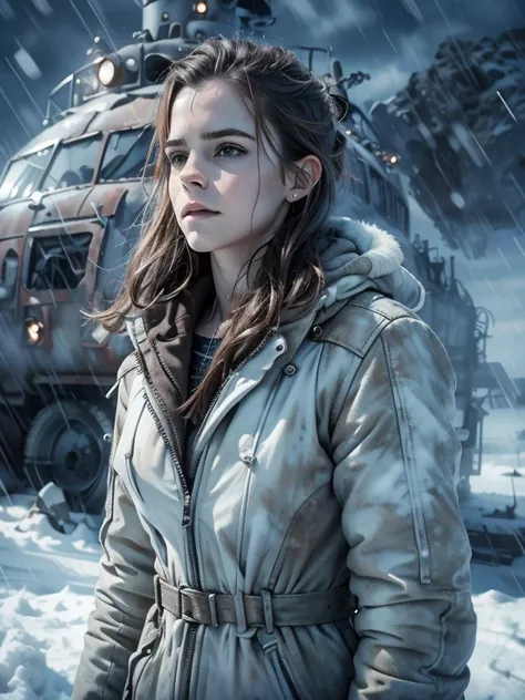 (emma watson, detailed,8k,photorealistic,cinematic lighting,dramatic lighting),(apocalyptic,snowy winter landscape),(beautiful y...