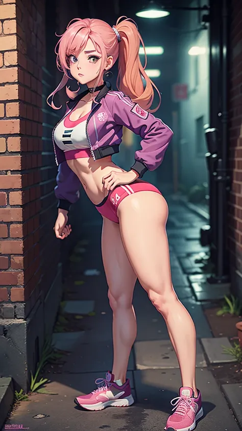 (masterpiece, best quality, 1girl, solo, intricate details, chromatic aberration), realistic, ((medium breath)),long hair, pink hair, red head ornament, pink highlights, hair over one eye,purple eyes, earrings, sharp eyes, choker, neon shirt, open jacket, ...