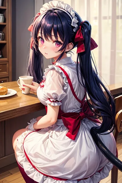 One woman,Cafe Waitress,navy blue_hair,Deep pink eyes,Twin tails,big tail,Red and white lolita maid outfit,blush,Facing forward,is working