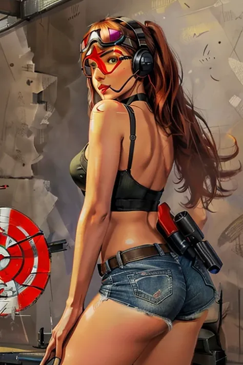 ((shooting gun)),((target practice, shooting range:1.4)).(sultry eyes, flirty smile:1.2).(ultra realistic illustration:1.3).Sexy 23yo French woman, dyed red hair, green eyes. fit, natural perky breasts, perfect round ass, (suntan). (bangs, long hair:0.8), ...