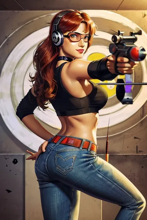 ((shooting pistol)),((target practice, shooting range:1.4)).(sultry eyes, flirty smile:1.2).(ultra realistic illustration:1.3).s...