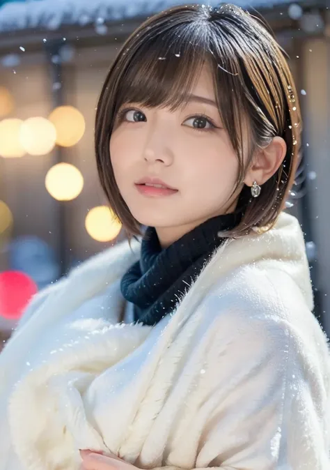 Fluffy scarf、Medium Short Hair、A photo showing the white breath、Photo from the waist up、Night city illumination shot、Cowgirl Shot、Fur coat、豪華なグレーのミンクのFur coat、Wear good leather boots、Luxury Bags、Inner turtleneck、Silver necklace and small silver earrings Mi...