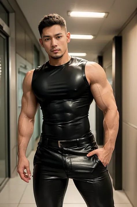 Big Muscular japanese guy,wearing tight black leather t shirt ,big biceps,muscular body, tall,6ft, leather pants, facing camera ,standing straight in hallway, lighting,shadow,bluish tint