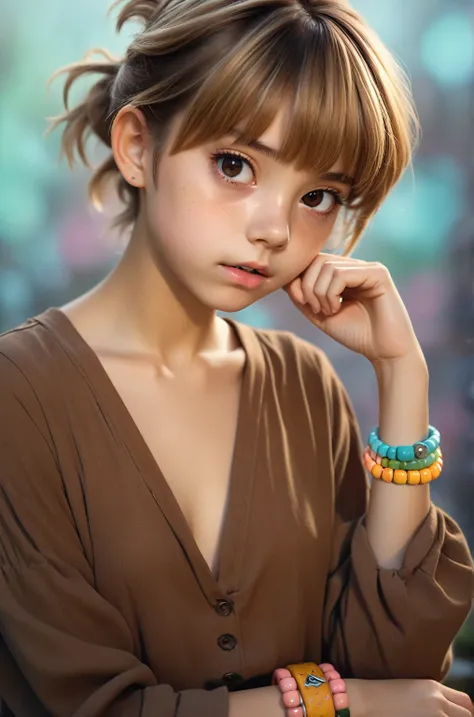 real photo, short hair, ((collegiate style, kawaii colorful bracelets, kawaii infantile)), she has light brown hair, dress kawai...