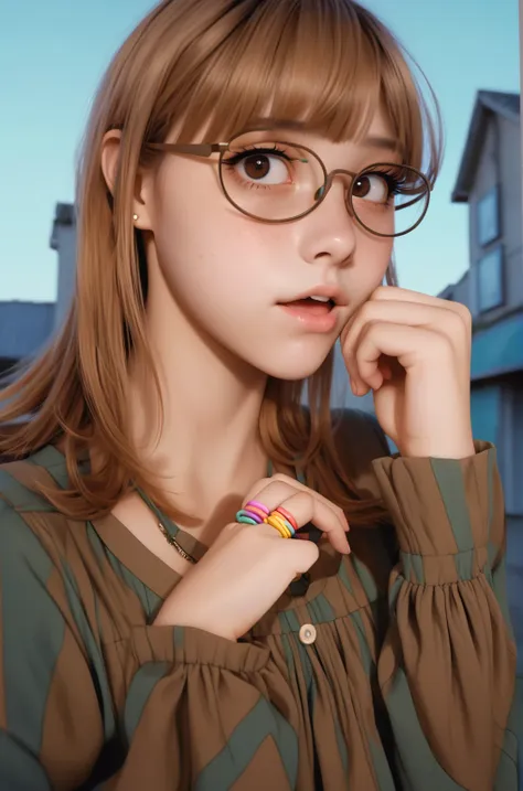 real photo, short hair, ((collegiate style, kawaii colorful bracelets, kawaii infantile)), she has light brown hair, dress kawai...