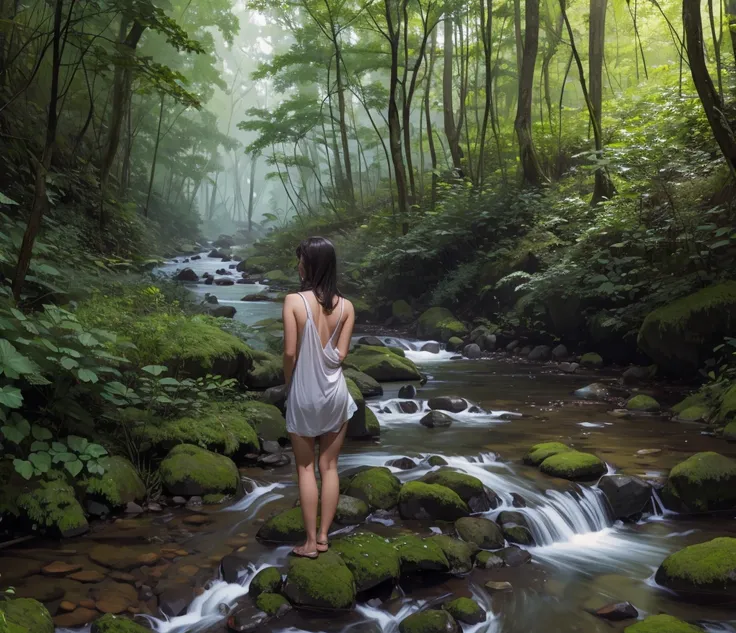 girl back，in the quiet forest，creek next to it，foggy