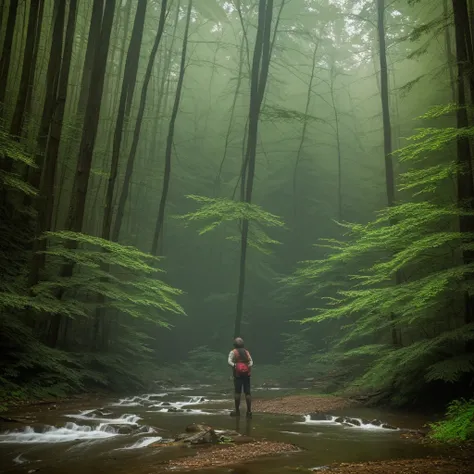 Ink style，Girl back，In the quiet forest，Creek next to it，Foggy