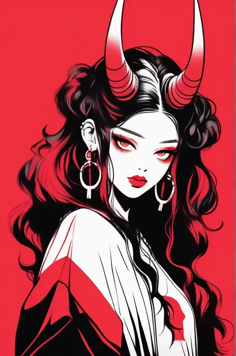 (best quality, sketch:1.2),realistic,illustrator,anime,1 girl with horns, detailed lips,custom, black and red gradient background,neon hair,textured cropping, masterpiece, style retro classic, noir style , Japanese style, full body ((monochrome))