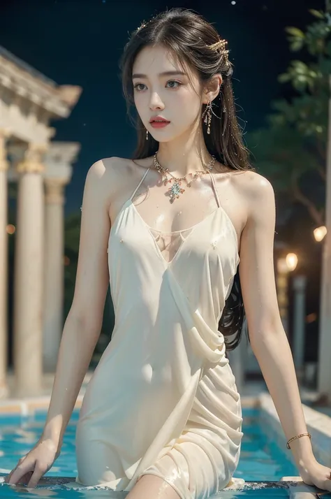 (((best quality))),(((ultra detailed))),(((masterpiece))),illustration,((1 beautiful girl,ancient greek princess,solo)),((earrings,crystal necklace)),(((sweat,wet,shiny skin))),((slim,thin)),((small breasts,flat chest)),(Gorgeous sheer dress:1.3),(slender ...