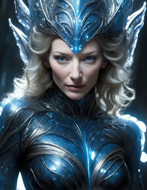 (cate blanchett) Xylianas azure skin glimmers with a pulsing bioluminescence as she straddles you, her lithe form undulating with a graceful, otherworldly rhythm. The intricate patterns adorning her flesh seem to shift and dance, captivating your senses. H...