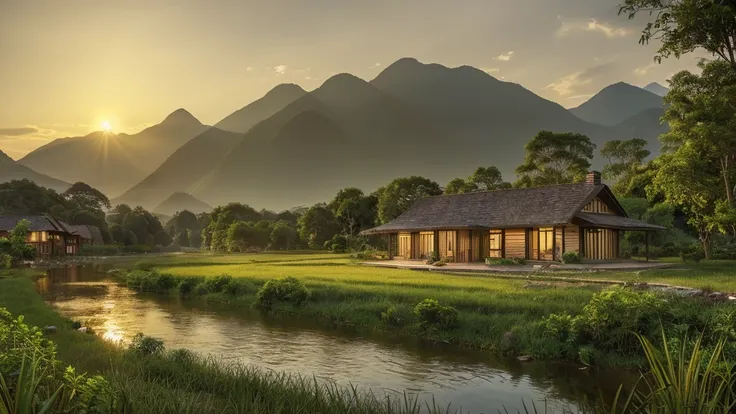 a beautiful rural house near a river and mountains, with golden rice fields, serene landscape, intricate architecture, lush foli...