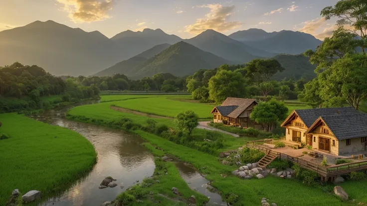 a beautiful rural house near a river and mountains, with golden rice fields, serene landscape, intricate architecture, lush foli...