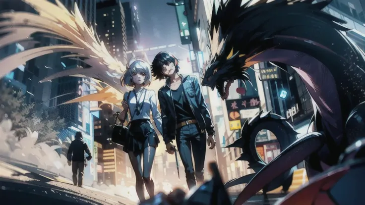 Anime couples stroll through a sci-fi city full of celebrations and debauchery. A waist-length girl with white hair and golden pupils guides a man with medium hair.. Behind them shadows of dragons and phoenixes emerge.. Close-up perspective. Concept art by...