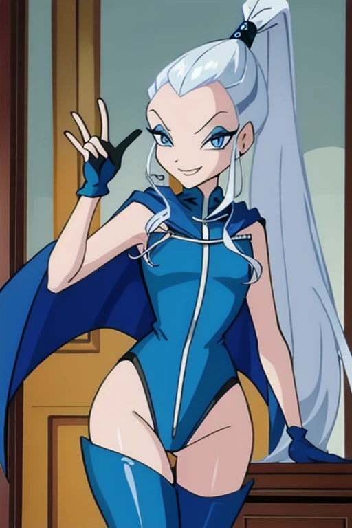  blue eyes, white hair, ponytail, very long hair, eyeshadow, WitchOutfit, sleeveless, dark-blue bodysuit, kneeboots, gloves, cloak, blue cape, icywinx, smile, room