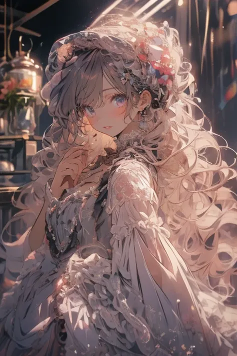 (masterpiece)、(Highest quality)、Highly detailed face、Anime Girls、1 girl、Lolita Clothing、Fluffy long hair,Backlight,Curly hair,Unusual hairstyle,Stylish accessories,Stylish clothes,See-through,Glamorous Body,Cleavage,The bite is clear,