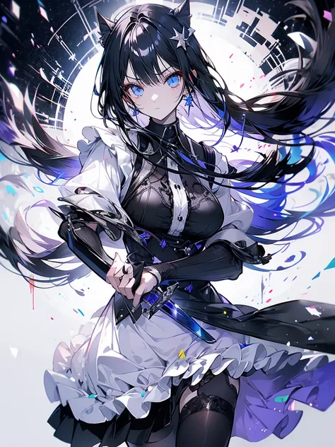 Maid outfit, sword, serious face, girl, cool, long black hair