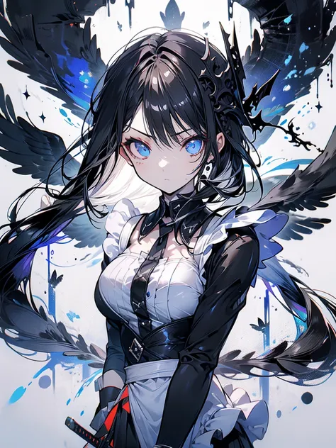 Maid outfit, sword, serious face, girl, cool, long black hair