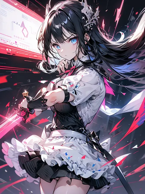 Maid outfit, sword, serious face, girl, cool, long black hair