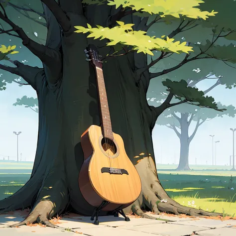 high quality、An illustration、anime、Acoustic guitar、Zelkova trees、It is leaning against a bench