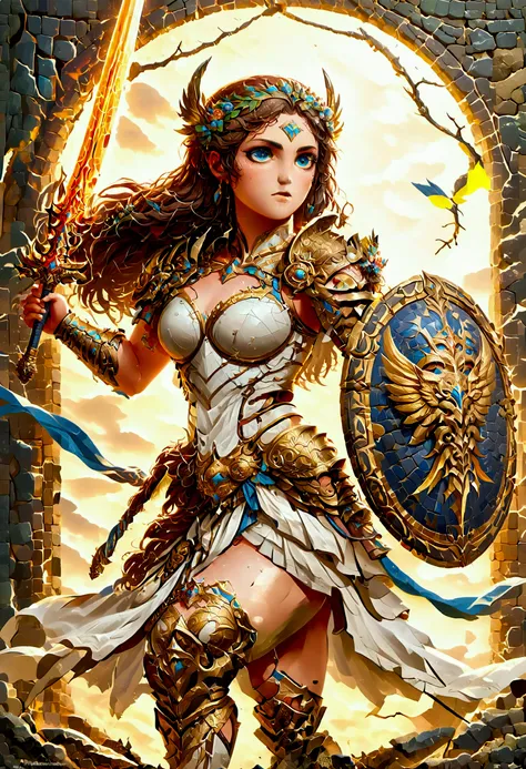 ancient Greek mosaic art of an amazon warrior holding a sword, ready for battle, beautiful amazon warrior holding a sword, ready for battle, ((full body shot: 1.5)), ((anatomically correct: 1.5)) (ultra detailed face: 1.4), dynamic skin complexion, dynamic...