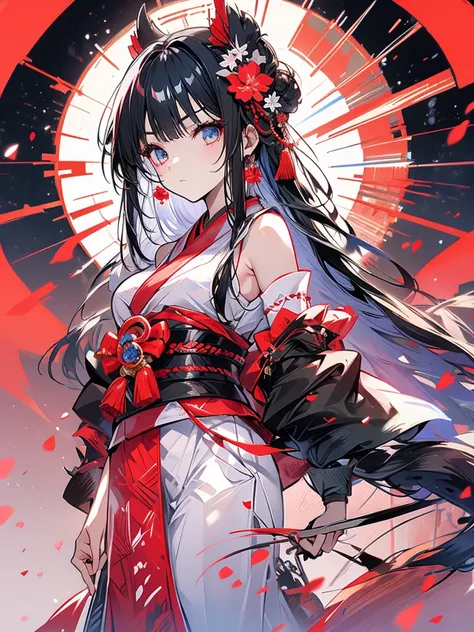 Shrine maiden outfit, serious face, girl, cool, long black hair