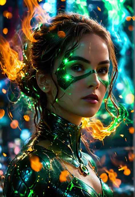 Scene from the movie, Woman dressed as Green Lantern from DC, extremely detailed, futuristic cityscape, nighttime, glowing neon lights, smoke, sparks, metal shavings, flying debris, blue energy effects, volumetric light