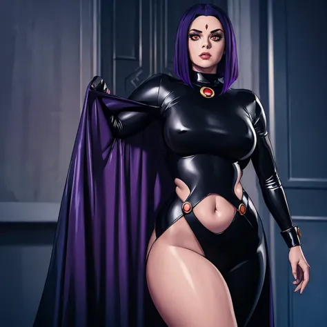 (best quality,ultra-detailed,realistic:1.37),Raven,thick,nsfw,hourglass figure,latex suit,dark atmosphere,golden eyes,intense gaze,seductive pose,sleek hair,mysterious background,shiny texture,hypnotic makeup,vivid colors,low-key lighting,artistic renderin...