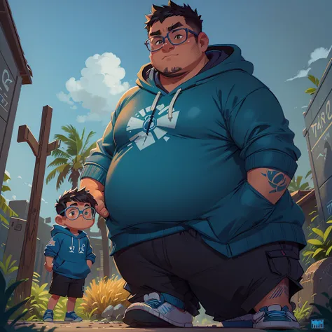 A fat polynesian male 20something with black rimmed glasses, a serious expression, a smirk and blue spiky short hair, he is wearing a blue hoodie, cargo shorts and sneakers, he is standing at the entrance of a graveyard at night while showing his fists to ...