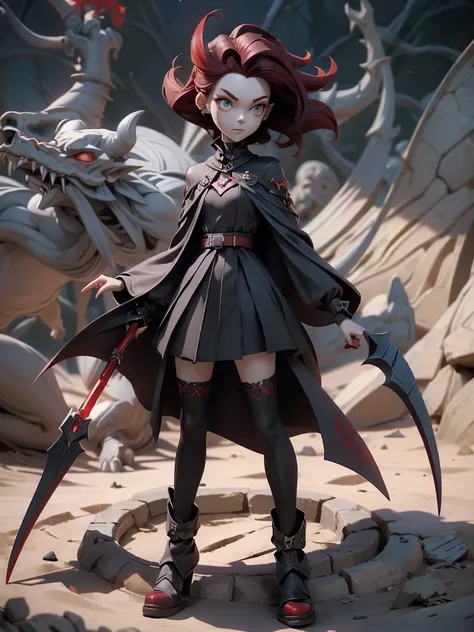 (((Best Quality))), (((Masterpiece))), ((Realistic)) ((full body shot)) slender cute  pale demon girl, pointing ears, (red colored eyes), (short stylish black hair), wearing demon armor (intricate details) holding a giant demon stylish scythe.