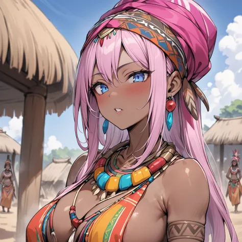 ((Highest quality)), ((masterpiece)), (detailed), （Perfect Face）、The woman is Lacus Clyne, a black-skinned woman with blue eyes and medium-long pink hair, a hair ornament, a colorful turban headscarf, tribal accessories such as tribal necklaces and tribal ...