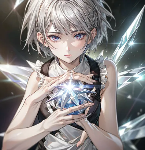 silver hair, short hair, asymmetrical bangs, crystal hair, shiny hair, Surrealism, lens flare, anime, 8k, super detail, UHD, retina, masterpiece, accurate, anatomically correct, textured skin, super detail, high details, high quality, award winning, best q...