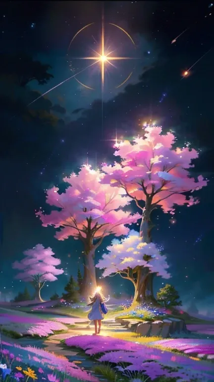 Painting of a night sky with a half moon, night sky full of flowers, Lilac bush, Moonlight shining on wildflowers, Detailed gouache paintings, Starry sky painting, Trees and flowers, lush Trees and flowers, Flower field at night, Realistic Flower Oil Paint...