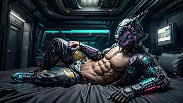 male, (muscular, full nude, only Glowing cyberpunk future helmet, business suit,)  realistic, Bedroom, lying bed, Putting the sheets on