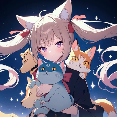 Fox, Twintails, Hair Ribbon, Cat Ears, Sparkle, Mask, 