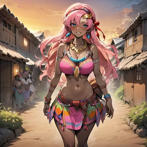 ((Highest quality)), ((masterpiece)), (detailed), （Perfect Face）、The woman is Lacus Clyne, a black-skinned woman with blue eyes and medium-long pink hair, a hair ornament, a colorful headscarf, tribal accessories such as tribal necklaces and tribal earring...