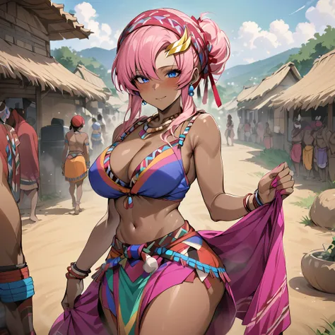 ((Highest quality)), ((masterpiece)), (detailed), （Perfect Face）、The woman is Lacus Clyne, a black-skinned woman with blue eyes and medium-long pink hair, a hair ornament, a colorful headscarf, tribal accessories such as tribal necklaces and tribal earring...