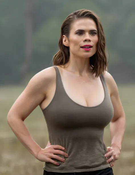  high quality  Erotic shot of Hayley Atwell  as Lauren Cohan , seductive smile, wet, strong action woman, huge , mature 40 yo lady , movie  still , extremely long straight hair ,  The Walking Dead Series , she is wearing a transparent  sweaty tank top , st...