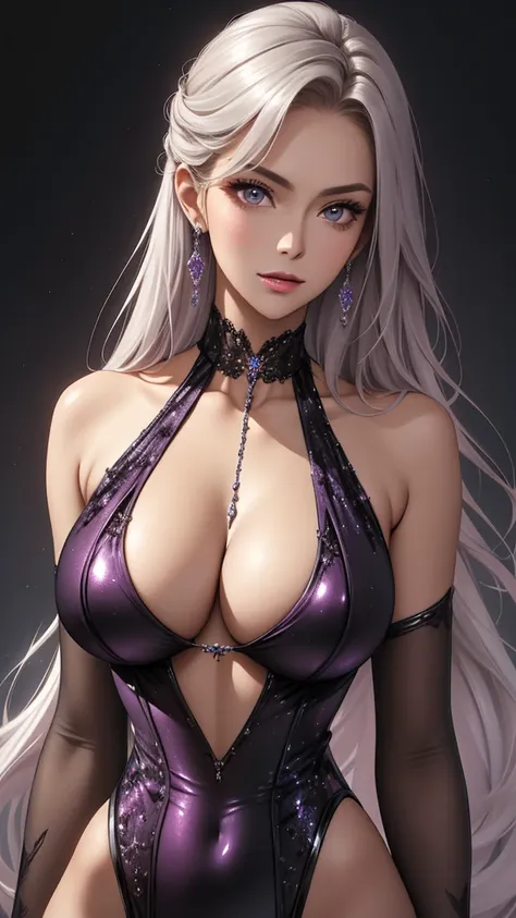 Closeup, Best quality, masterpiece, realistic, Beautiful sexy cool tall, slim, fit woman, wearing fancy violet-black sequin  leotard, intricate and highly detailed, cleavage, long silver hair, body chain, jewelry.