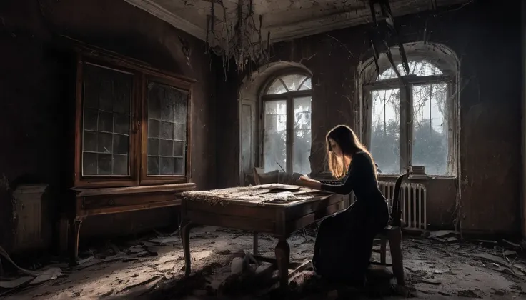 The interior of an old, abandoned manor, filled with cobwebs, broken furniture, and an eerie, ghostly glow. In the foreground, a modern young woman discovering a dusty old diary on a grand, decaying table. The diary has a faint glow, hinting at its signifi...