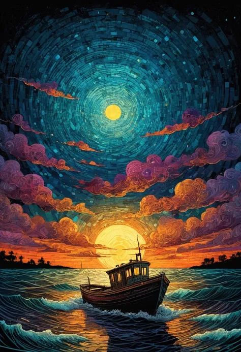 mixed media magic. artist james r. eads. stormy night over the troubled sea. drifting fishing boat, flashes of lightning on the ...