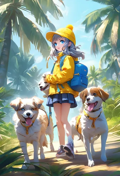 anime girl with a (((yellow backpack))) and (((four dogs in a field of coconut trees))), ((((blue eyes girl)))), (((The girl is wearing a beanie))), cute detailed digital art, adorable digital painting, ((((camera a front of character)))), artwork in the s...