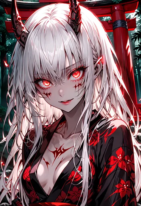 female, oni, flesh horns, dark luxurious kimono, white hair, long hair, small breasts, cleavage, red eyes, huge kanabō resting on ground, forest, Japanese shrine, straight hair, feminine, sadistic smile, close up, yandere, yandere pose, glowing eyes:0.3