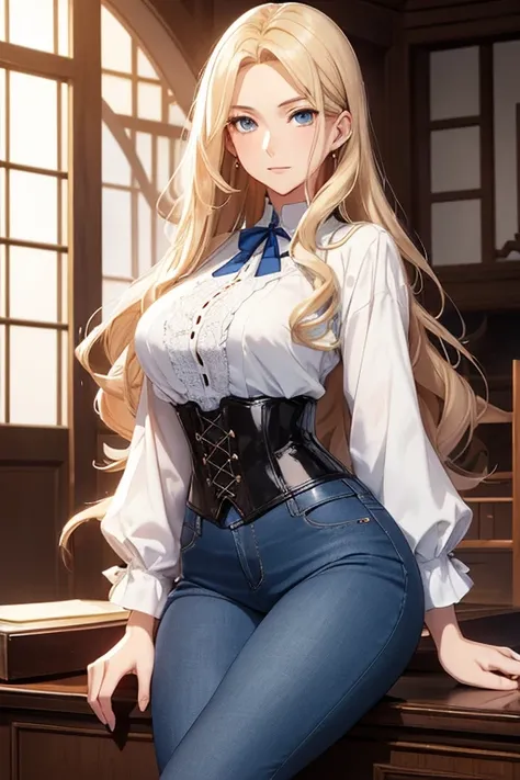 Saeki Liana, an elegant and dignified English teacher with tall stature, wavy waist-length blond hair, blue eyes, pale skin, and a stately presence, wearing a white lace shirt, a black corset, tight blue jeans, and high chocolate-colored leather boots over...