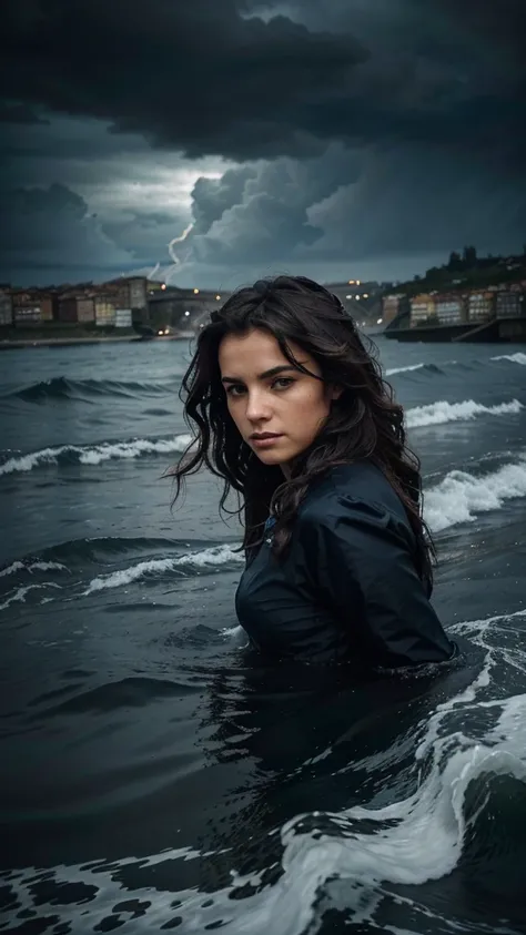 An image of the Porto Triste river, with dark and choppy waters reflecting the stormy sky. An ethereal figure of a woman emerges from the waves, with her hair and dress flowing as if they were part of the water. Her eyes fixed on the observer convey a mess...