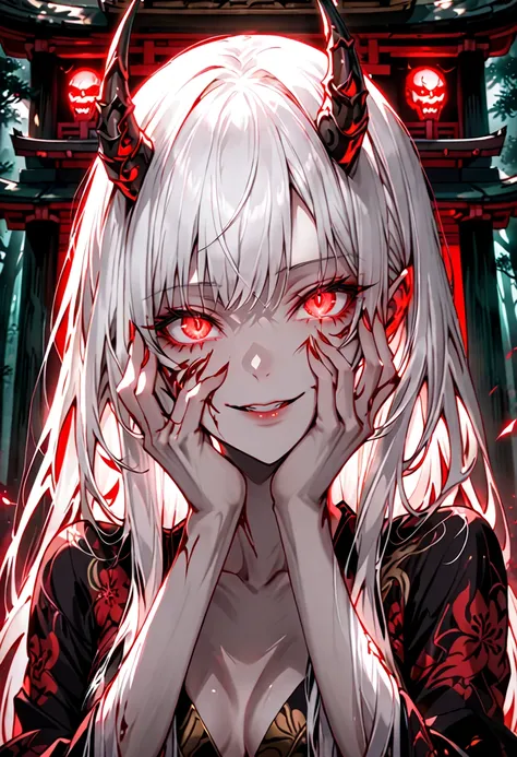 female, oni, flesh horns, dark luxurious kimono, white hair, long hair, small breasts, cleavage, red eyes, forest, Japanese shrine, straight hair, feminine, close up, yandere smile, hands to face, insane, glowing eyes:0.1