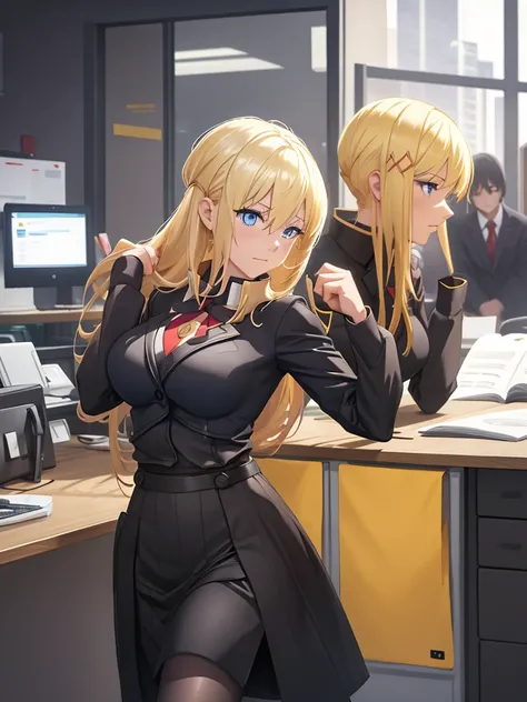 Darkness from konosuba anime, 1woman, wearing a office suit, as an office lady, black tight skirt, at an office , blonde hair, blue eyes, 8k, high detailed, high quality