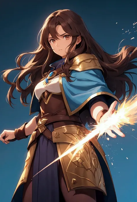 full portrait, simple female wizard, long brown hair, battle hardened, calmly standing, early 20s, brown eyes, plain and simple blue background, shining force style