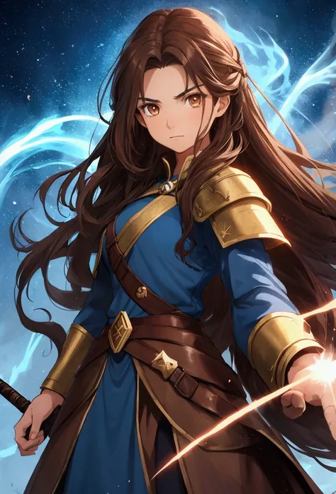 full portrait, simple female wizard, long brown hair, battle hardened, calmly standing, early 20s, brown eyes, plain and simple blue background, shining force style